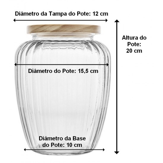 Pote Mantimentos 2,4 Litros 20cm de Altura em Vidro Com Tampa De Pinus